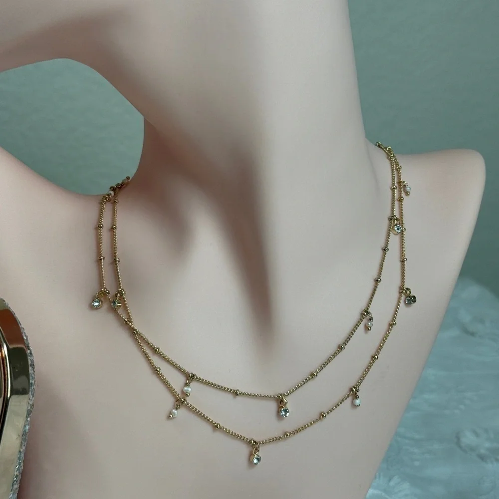 ⚜️💕 Gold Layered Necklace with Crystal Drops
